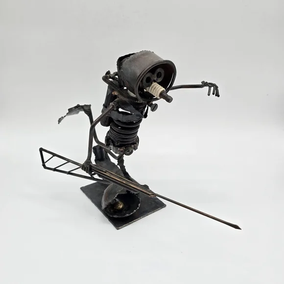 Vintage 1971 K Moore Scrap Metal Diver Sculpture Spear Pearl Signed Art - Picture 3 of 16